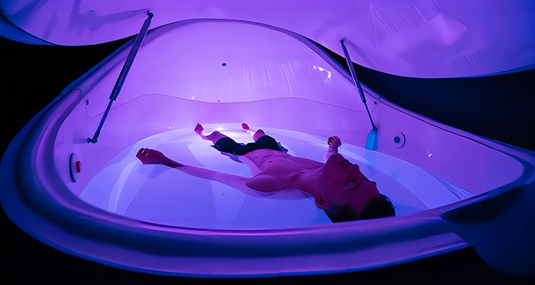 A dimly lit hallway leading to float tanks, implying quiet and reflection