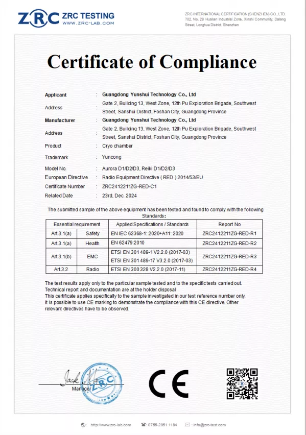 cryotherapy chamber certification